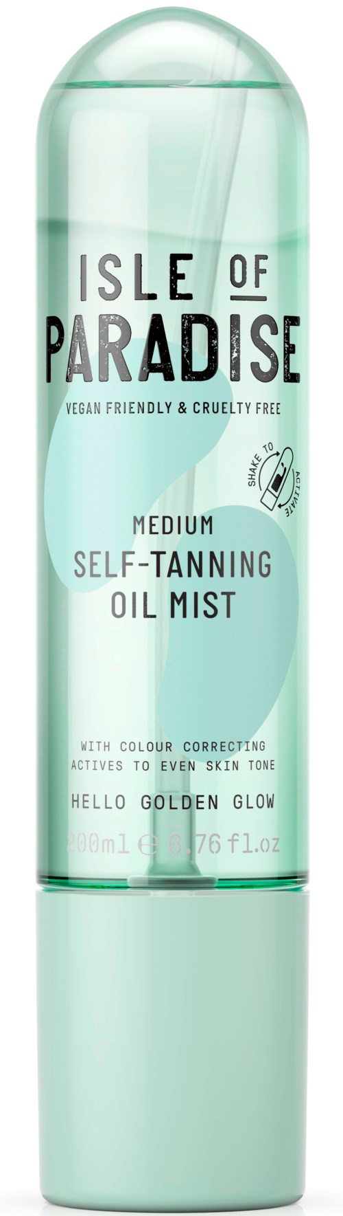 En lysende grønn sylinderformet beholder merket 'ISLE OF PARADISE' for selvbruningsoljespray med rund topp.