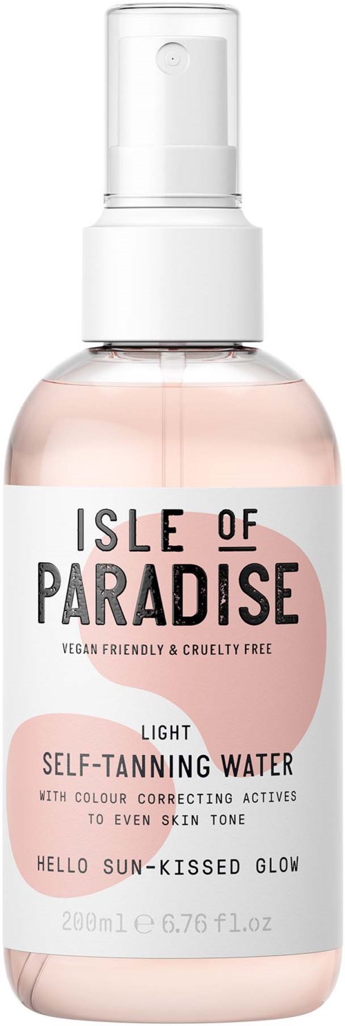 A spray bottle of Isle of Paradise self-tanning water, labeled as vegan, cruelty-free, and designed for a sun-kissed glow.