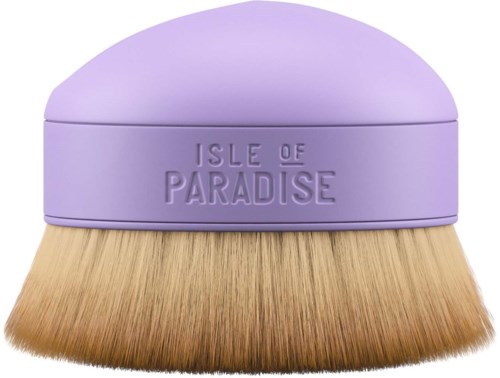 A purple makeup brush with a light brown bristle head and the words "ISLE OF PARADISE" on the handle.