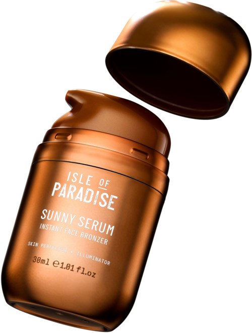 A bronze-colored container of Isle of Paradise Sunny Serum face bronzer with a lid off. Text shows product details.