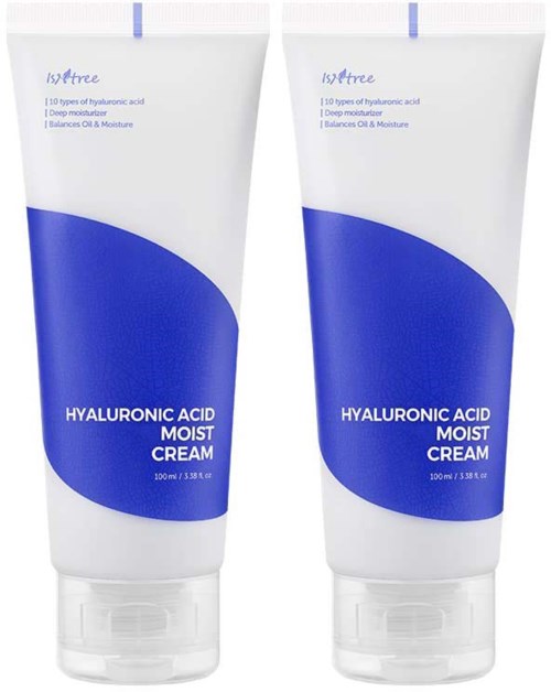 Twee tubes met hyaluronzuur vochtinbrengende crème met blauwe en witte verpakking. Ze zijn identiek en staan rechtop.