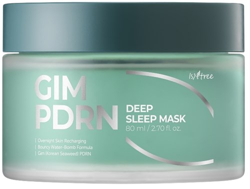 Een groene pot met zilveren deksel, gemarkeerd 'GIM PDRN Deep Sleep Mask,' belooft de huid 's nachts te ontspannen.