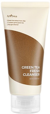 Eine Tube Green Tea Fresh Cleanser mit braunem und weißem Design und Text über Inhaltsstoffe.