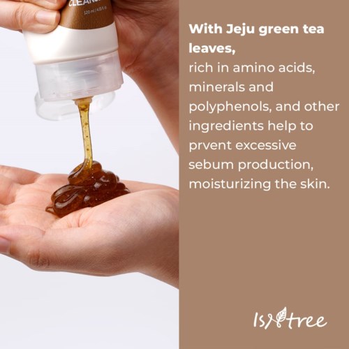Eine Hand gibt Serum aus einer Flasche, mit Text über die Vorteile von Jeju Grüner Tee für die Haut.