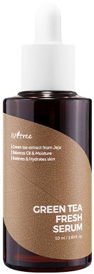 Kleine donkere fles met witte druppeldop, labelt "Green Tea Fresh Serum," 50 ml, lichtbruin etiket.
