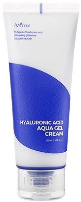 Een witte en blauwe tube met hydraterende hyaluronzuur aqua gel crème met klikdop.