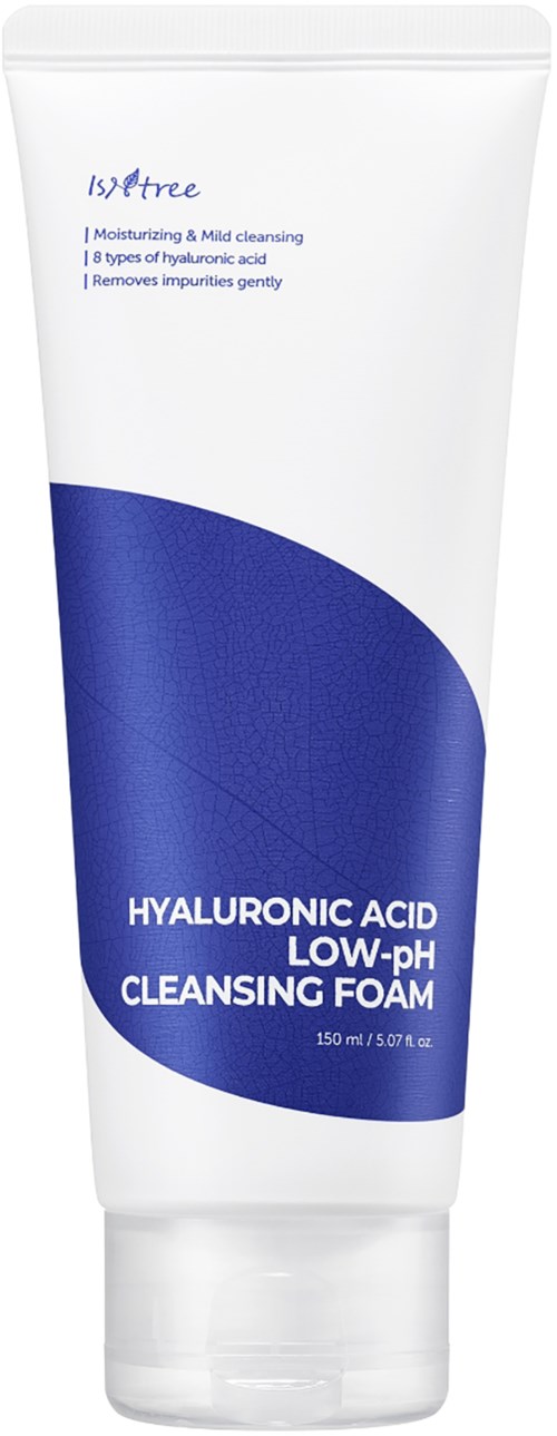 Een witte tube met een blauwe label met hyaluronzuur reinigingsschuim voor de huid. Vermeldt hydraterende en milde reiniging.
