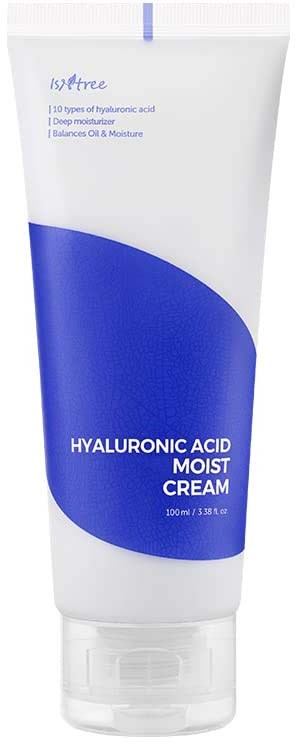 A tube of moisturising cream labeled 'Hyaluronic Acid Moist Cream' with blue and white packaging.