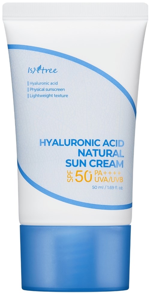Een tube van Isdree hyaluronzuur zonnebrandcrème met SPF 50, UVA/UVB bescherming, lichte textuur, 50 ml.