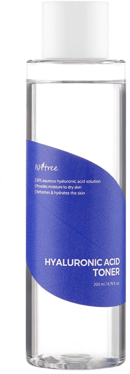 Een doorzichtige flesje met hyaluronzuur toner met een blauwe label, 200 ml, bedoeld om de huid te hydrateren.