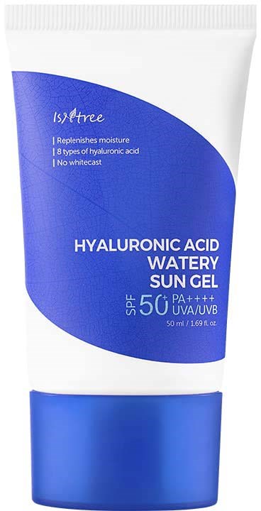 Blue and white sun gel tube for skin, labeled as Hyaluronic Acid Watery Sun Gel SPF 50+.