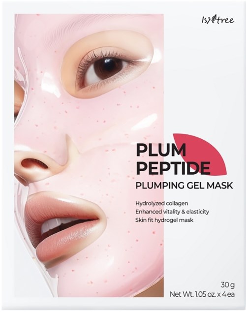Roze gezichtsmasker met ogen, neus en lippen. Het heet Plum Peptide Plumping Gel Mask.