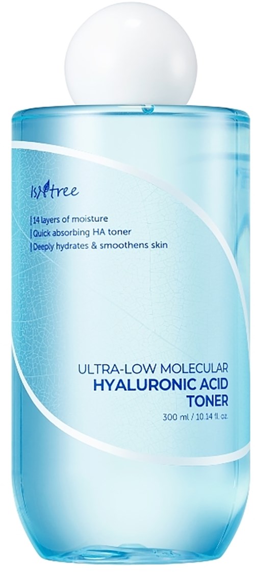 Een blauwe fles met hyaluronzuur toner, witte dop en eenvoudige label, benadrukt vocht en huidverzorging.