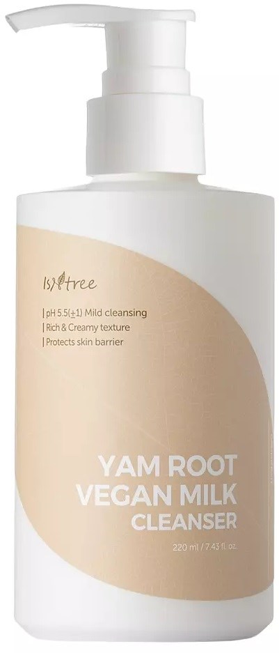 Weiße Flasche mit Pumpkopf, beschriftet Yam Root Vegan Milk Cleanser, enthält 220 ml für sanfte Hautreinigung.