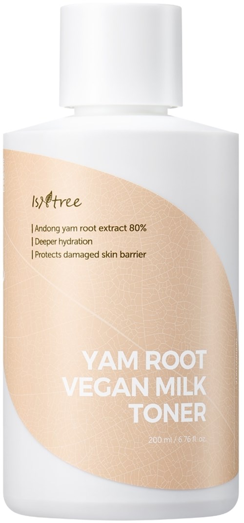 Biała butelka z beżową etykietą. To jest YAM ROOT VEGAN MILK TONER, 200 ml. Do pielęgnacji skóry.