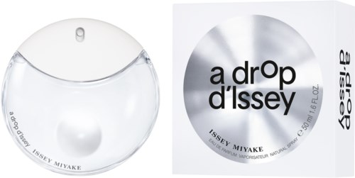 En parfymflaska till vänster och dess cirkulära låda till höger, båda med märket Issey Miyake och parfymens namn Drop D'Issey.