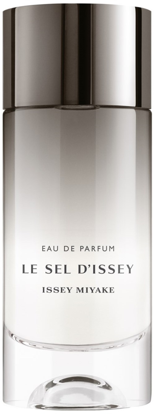 A perfume bottle with a silver cap and simple white label. It says 'Eau de Parfum Le Sel D'Issey Issey Miyake.'