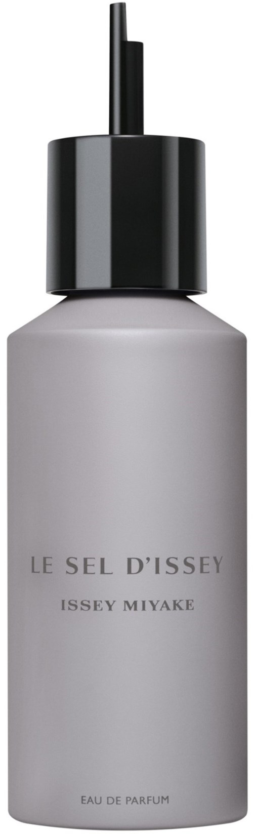 A white perfume bottle with a black cap and spray nozzle, labeled 'LE SEL D'ISSEY ISSEY MIYAKE'.