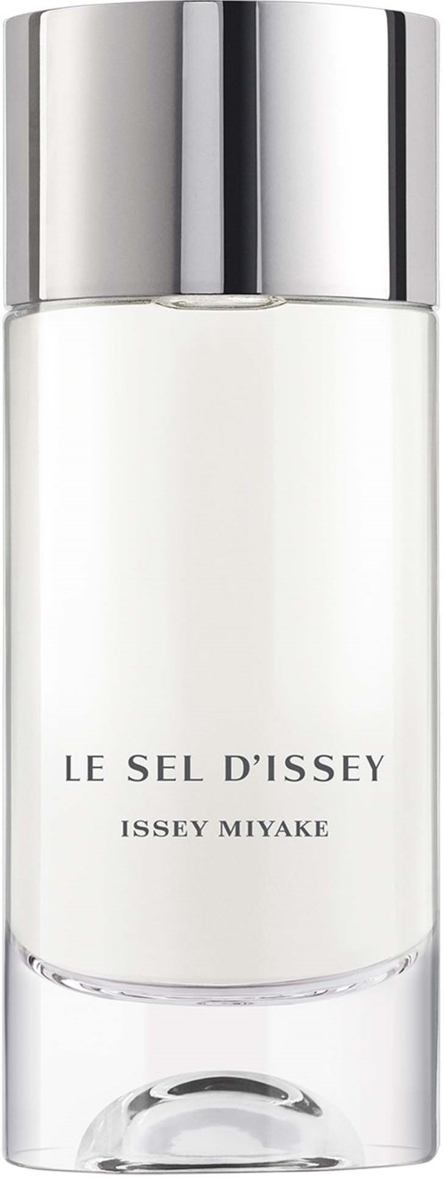 Een witte parfumfles met een zilveren hoed, gelabeld 'LE SEL D'ISSEY ISSEY MIYAKE'.
