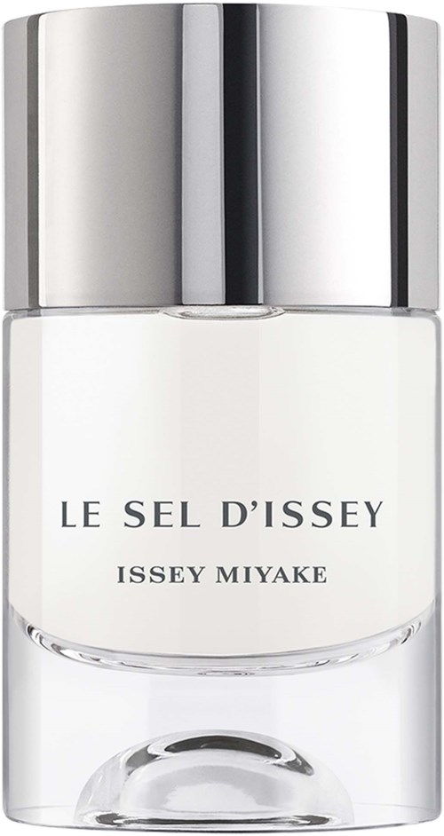 Een doorzichtige glazen fles met zilveren dop, labeled 'LE SELE D'ISSEY ISSEY MIYAKE'.