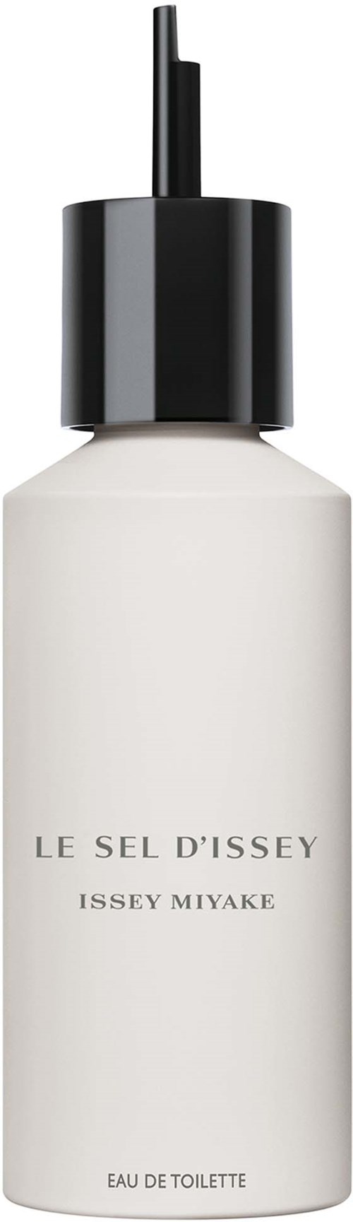 Een witte fles met zwarte dop en spraykop, gelabeld "Le Sel D'Issey" door Issey Miyake.