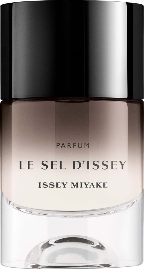 En parfymflaska med svart lock, märkt Le Sel D'Issey av Issey Miyake, med en klar glasbotten som visar doftmasken.