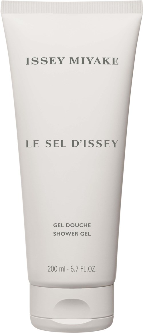 Witte douchesliertube met zwarte tekst, gelabeld "Issey Miyake Le Sel D'Issey" en details in klein lettertype.