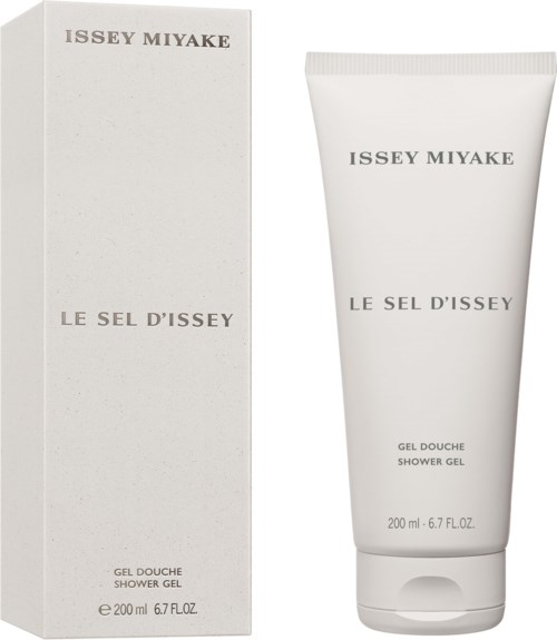 Een witte doos en tube van Issey Miyake Le Sel D'Issey doucheschuim met eenvoudige zwarte tekst.