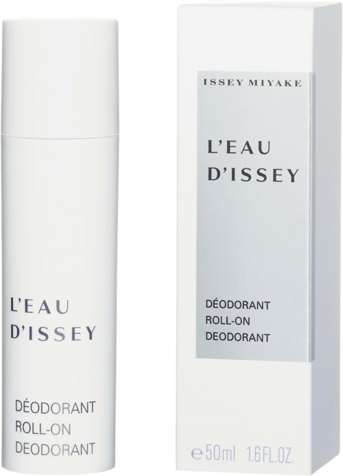 Een witte deodorantfles met een doos, beiden gelabeld L'EAU D'ISSEY, met een strak, minimalistisch ontwerp.