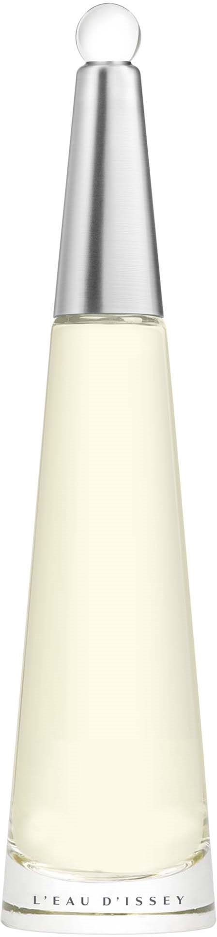 Een lange, heldere fles met een zilveren deksel en een witte vloeistof, gemarkeerd L'EAU D'ISSEY.