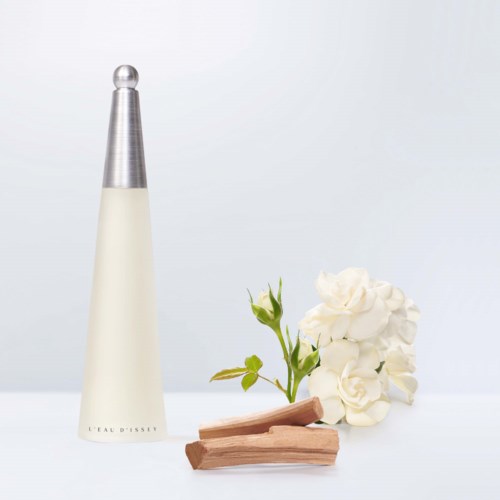 Een witte parfumfles, witte bloemen, kleine groene plant en twee houten stokken op een witte achtergrond.