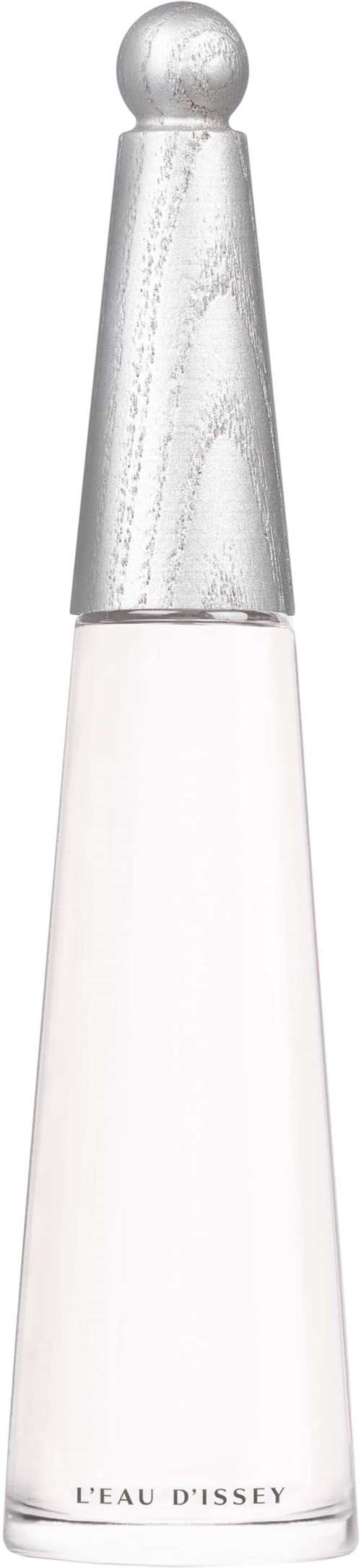 Een lange, slanke parfumfles met een zilveren deksel en doorzichtig glas, label L'EAU DISSEY.