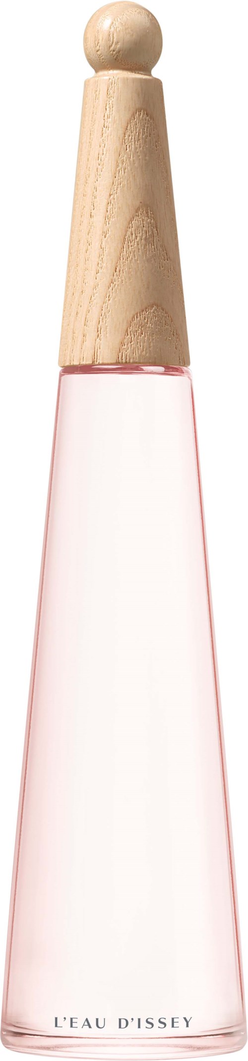 Een parfumfles met houten dop, roze getint glas en het label 'L'EAU D'ISSEY'.