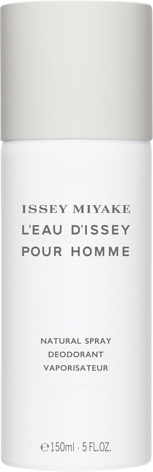 Een witte spray deodorantfles met zilveren dop, labelt Issey Miyake L'eau d'Issey voor mannen, 150ml.