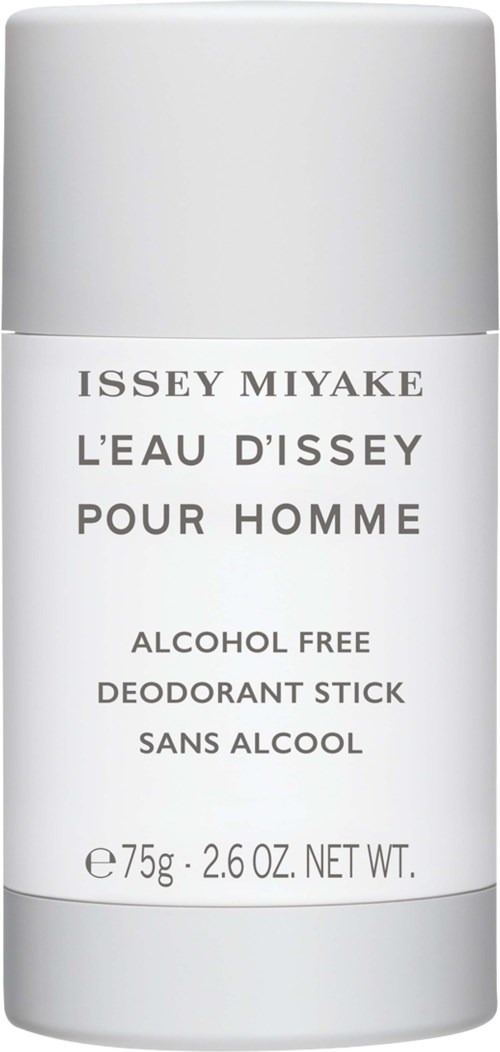 Een witte deodorantstick met zwarte tekst: Issey Miyake, L'eau d'Issey Pour Homme, alcoholvrij, 75g.