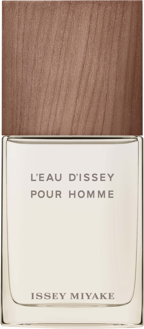 Een parfumfles met een houten dop en eenvoudige label die zegt 'L'eau d'Issey pour homme' van Issey Miyake.