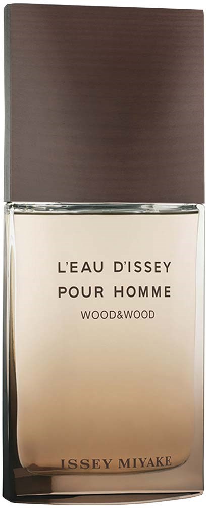 Een parfumflesje met het label L'EAU D'ISSEY POUR HOMME, met een bruin en helder ontwerp, merk Issey Miyake.