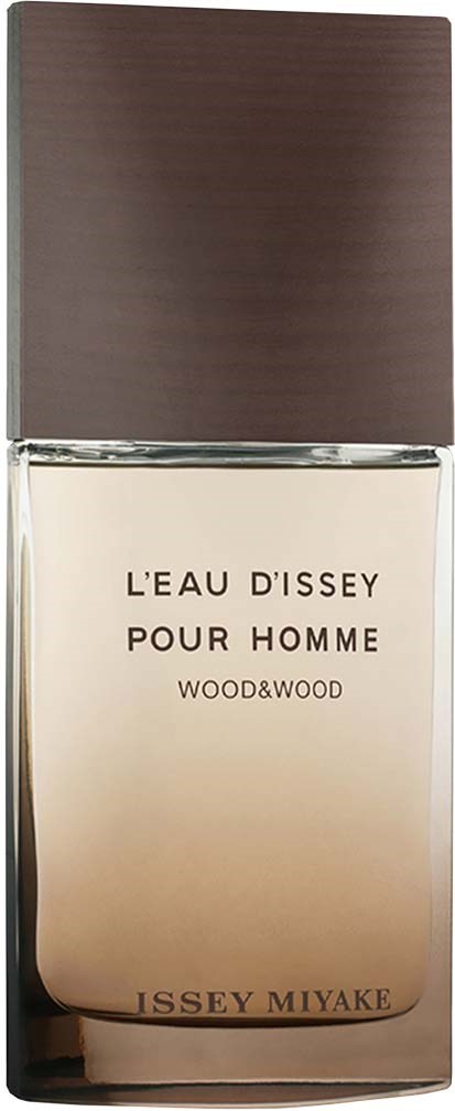 Een parfumfles met een bruine dop en een lichtgekleurde label met de tekst 'L'EAU D'ISSEY POUR HOMME WOOD&WOOD'.