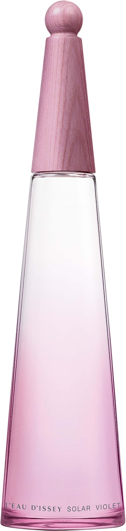 Een lange, slanke parfumfles met roze dop en een transparante, roze-naar-witte body.