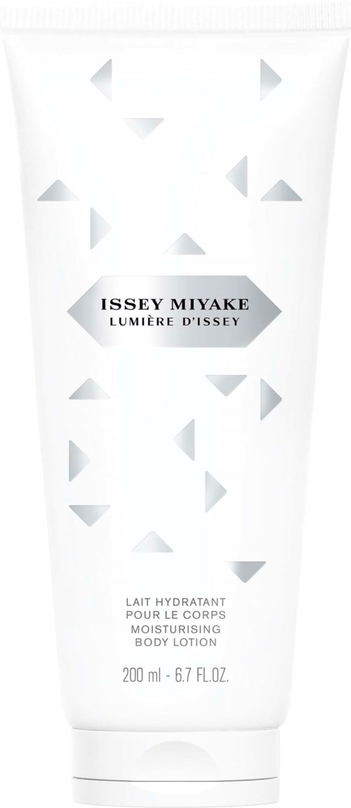 Een witte fles met Issey Miyake vochtinbrengende bodylotion met geometrische patronen en zwarte tekst.