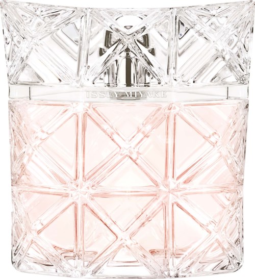 Eine dekorative, klare Glasbehälter mit einem rosa Inneren und einer strukturierten, diamantförmigen Oberfläche.