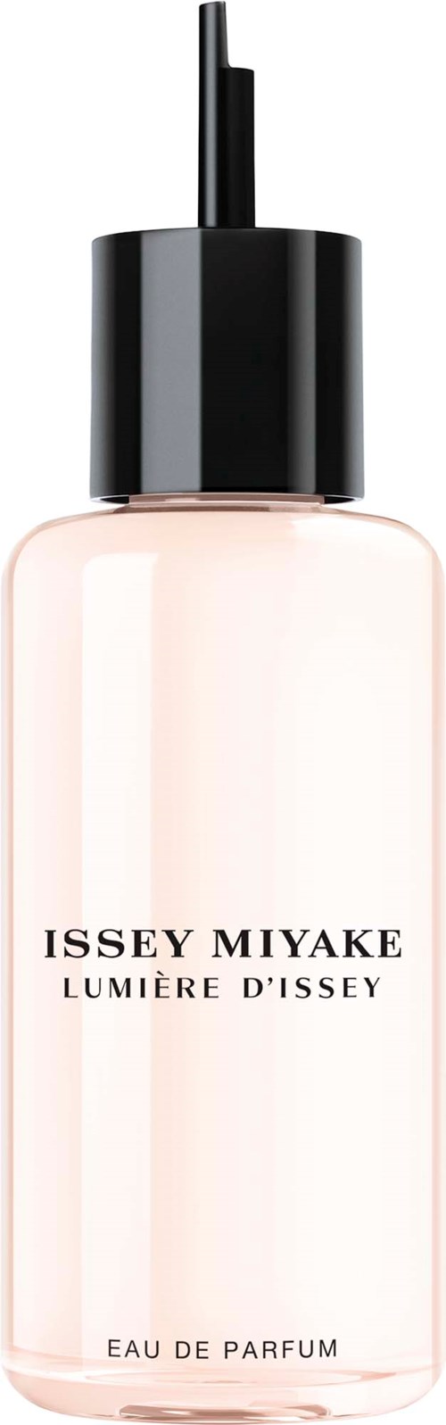 Een parfumfles met een zwart sproeikop, doorzichtig roze vloeistof en merknaam Issey Miyake Lumière d'Issey.