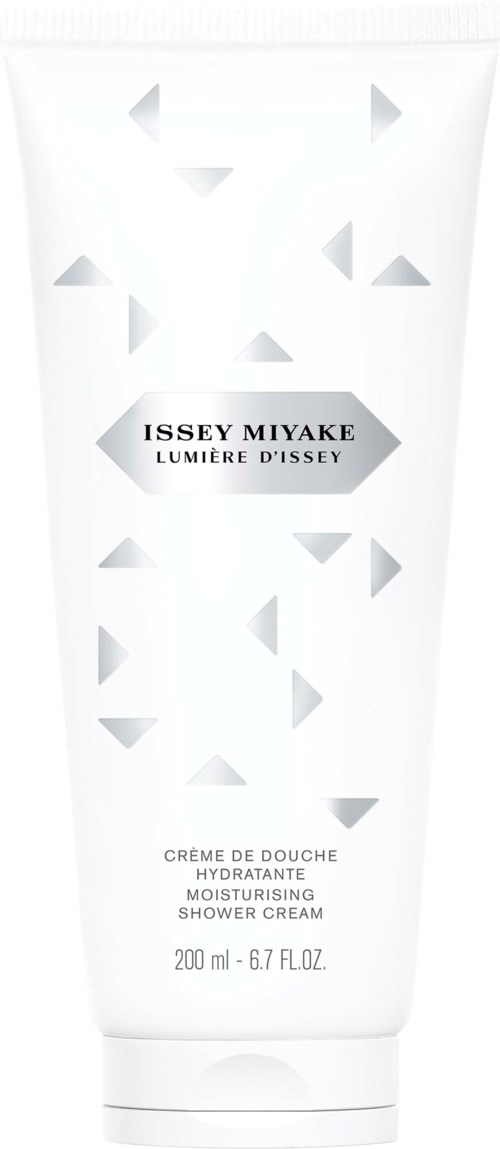 Een witte tube met geometrische vormen, gemarkeerd Issey Miyake hydraterende douchecrème, 200 ml.
