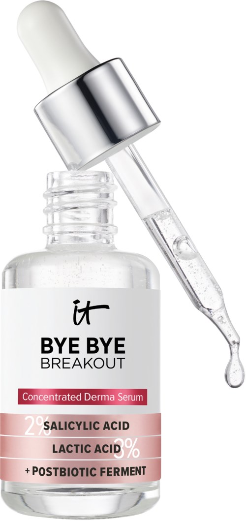 En klar flaska med pipett, märkt 'BYE BYE BREAKOUT,' innehåller serum med salicylsyra och mjölksyra.