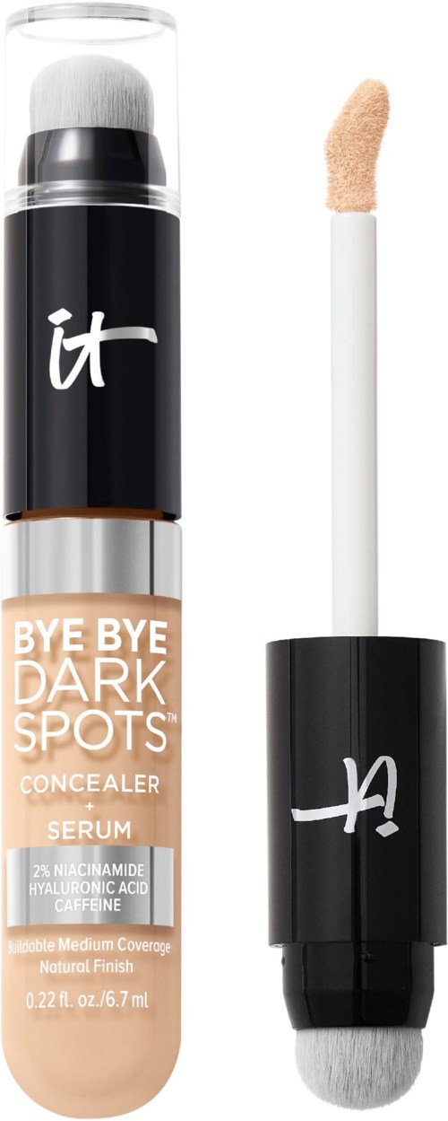 A concealer with a sponge applicator and a tube labeled 'Bye Bye Dark Spots' for skin coverage.