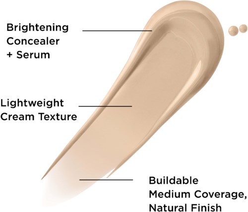 A cosmetic product with brightening concealer and serum, lightweight cream texture, buildable medium coverage, natural finish.