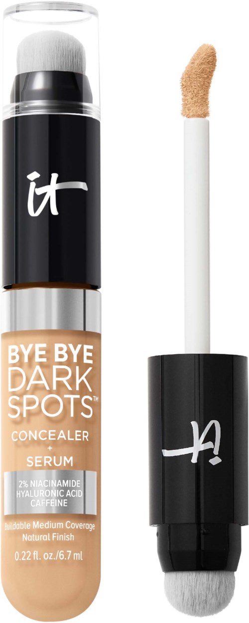 A skincare concealer tube with a matching applicator, labeled "Bye Bye Dark Spots" and designed for coverage.