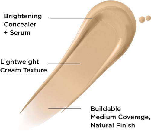A drop-shaped cosmetic product with highlighted benefits: brightening, lightweight texture, buildable coverage, and natural finish.