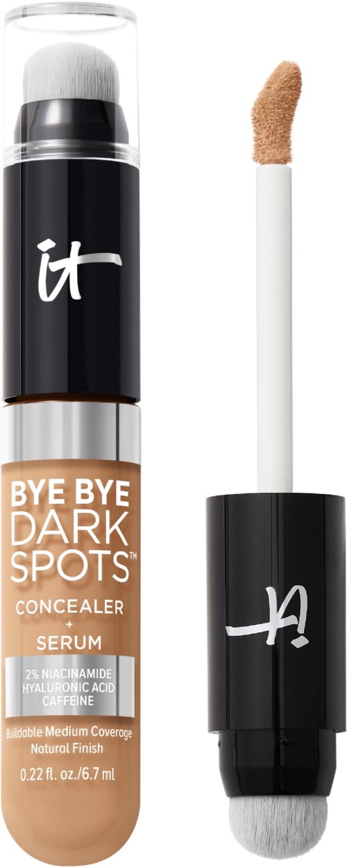 A concealer serum stick with a beige color and a white applicator. The cap is black with a white logo.