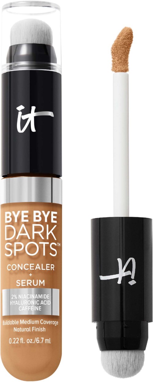 A concealer bottle with a black cap, beige liquid inside, and a white and black applicator stick.